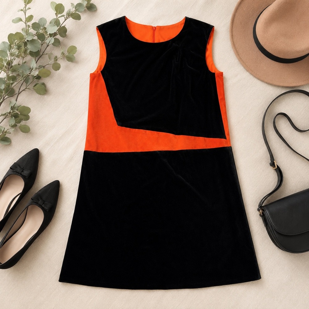 Jefen Frankie Shift Dress Women Size M Orange Black Velvet Silk Blend Colorblock